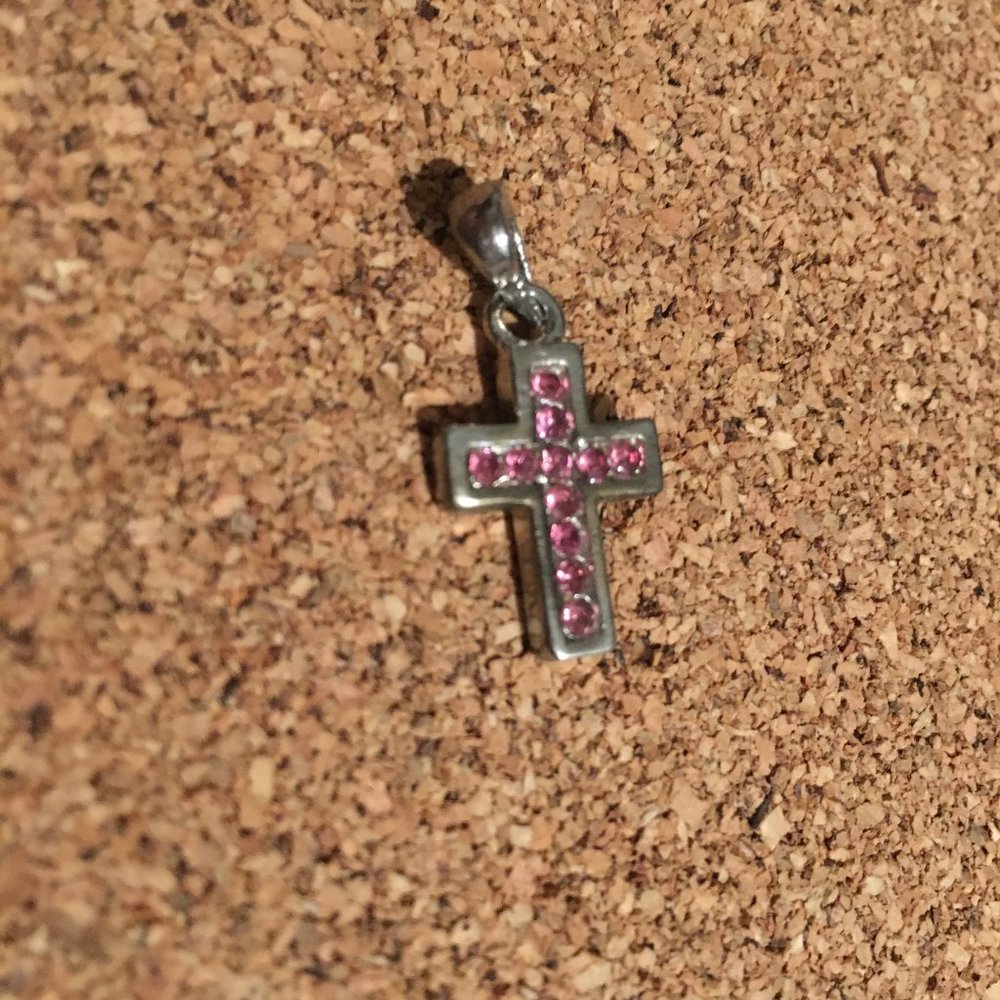 Small sparkly pink gem crucifix cross pendant